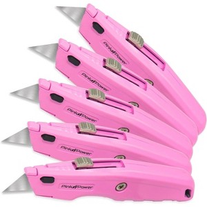 Pink Power Pink Box Cutter Retractable, Pink Utility Knife for Carpet, Box Cutter Knife Heavy Duty with 3 Blades and Storage Compartment - 5 Pack - 1 of 4