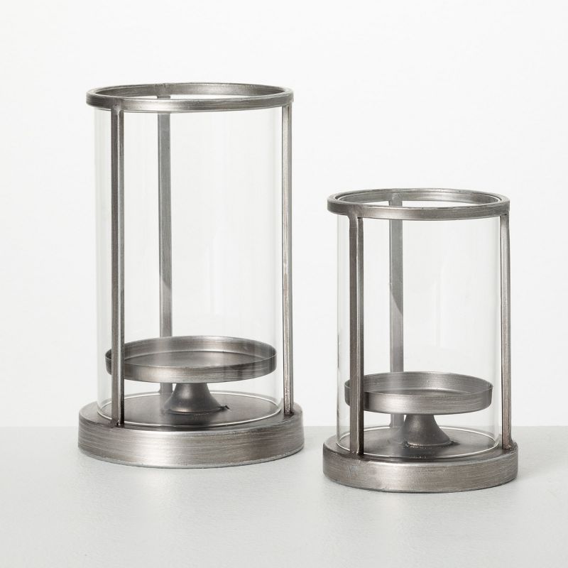 6.75"H and 9"H Sullivans Metal Glass Pillar Holder - Set of 2, Silver, 1 of 4