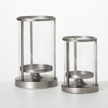 6.75"H and 9"H Sullivans Metal Glass Pillar Holder - Set of 2, Silver