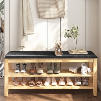 LOVMOR Shoe Rack Bench, 3-Tier Bamboo Shoe Storage Organizer, Entryway Bench, Holds Up to 500 lb, for Entryway Bathroom Bedroom