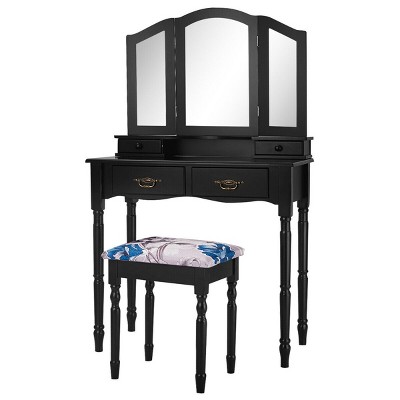 Black MDF Vanity Makeup Table with Tri-Folding Mirror and Bench