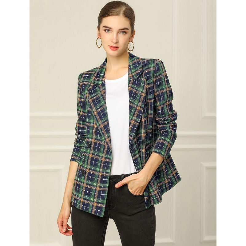 Allegra K Women's Casual Fit Notched Lapel Double Breasted Plaid Formal Blazer, 4 of 8
