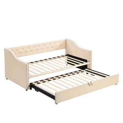 Bellemave Twin Size Upholstered Daybed with Pop-up Trundle,Twin DaybedFrame with Extendable Trundle,Tufted Sofa Bed Daybed,Bedroom,Living Room ，Beige