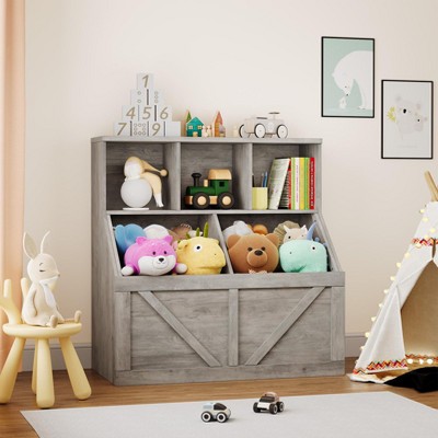 Homhougo Kids Toy Storage Organizer, Kids Bookshelf and Toy Storage, Toddlers Bookshelf Toy Organizer Washed Grey
