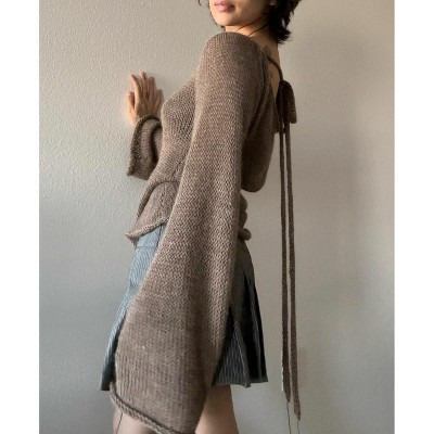 Women's Bell Sleeve Knit Sweater - Sexy Back Tie Detail Cropped Casual Top S-L
