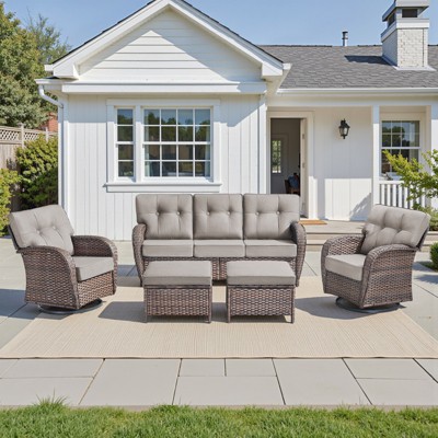 Buenhomino 5 Pieces Patio Furniture Set, High Back Wicker Rattan Sofa with 5-inch Extra Thick Cushion and Ottoman, Outdoor Conversation Set