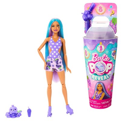 Barbie Pop Reveal Fruit Series Grape Fizz Doll, 8 Surprises Include Pet, Slime, Scent &#38; Color Change