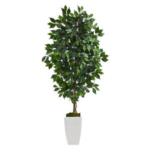 Nearly Natural 4.5-ft Ficus Artificial Tree in White Metal Planter - 1 of 4
