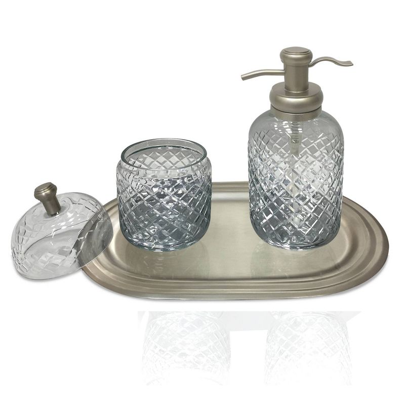 Set of 3 Emory Vintage Glass Plated Soap Pump &#38; Q-tip Jar set with Vanity Tray Pewter - Nu Steel, 1 of 9