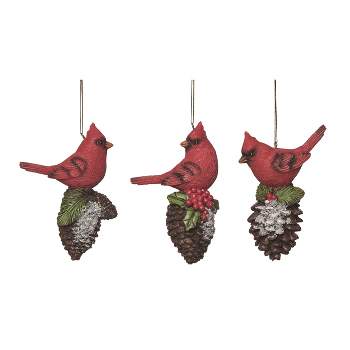 Transpac Christmas Holiday Red Polyresin Bright Cardinal Birds on Pinecones Ornament Set of 3, 4.50H inch