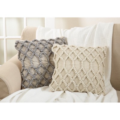 Ivory Wool Blend Diamond Weave Square Throw Pillow