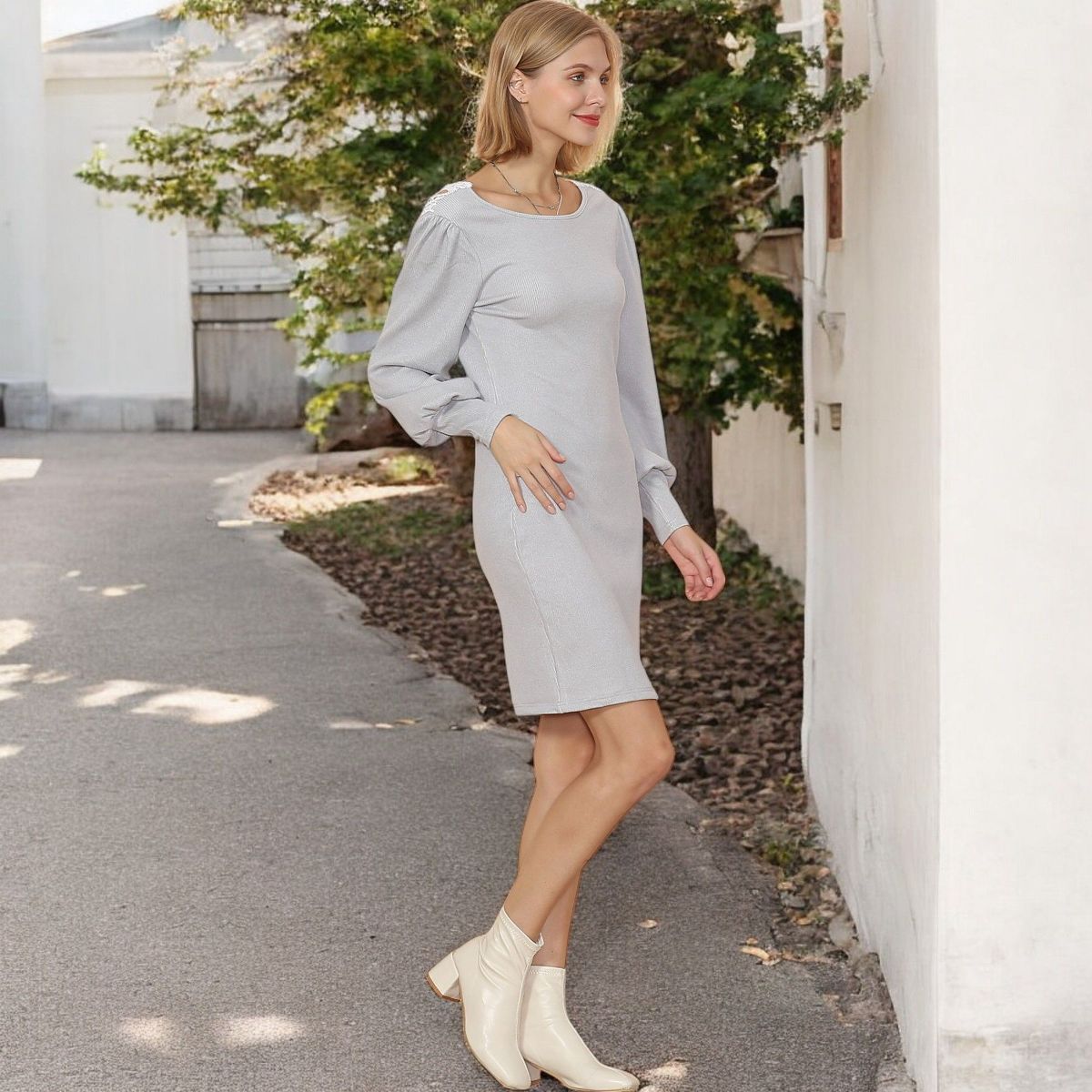 Anna-Kaci Women's Fitted Knit Mini Dress with Boat Neckline and Puff Long Sleeves - thumbnail 7