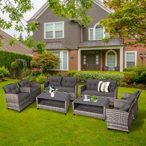 Costway 8PCS Patio Rattan Furniture Set Coffee Table Cushioned Sofa Garden Lawn Gray