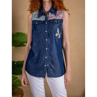 Women's Tencel Print Yoke And Appliques Shirt - PAPARAZZI