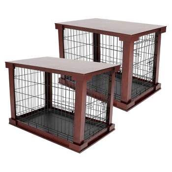 Merry Products 2 Door Decorative Pet Kennel with Wooden Protection Cover, Divider Insert, and Removable Tray End or Side Table, Large, Brown, (2 Pack)