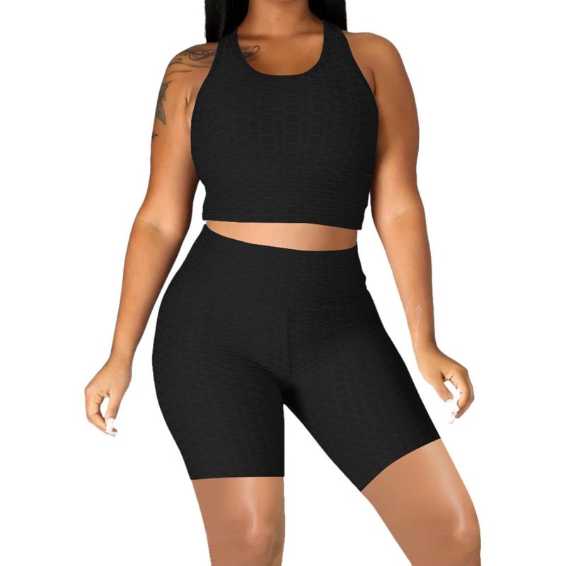 Anna-Kaci Women's Seamless Yoga Workout Set for Stretchy 2 Piece Outfits Raceback Crop Top High Waist Gym Shorts- Small ,Black, 1 of 5
