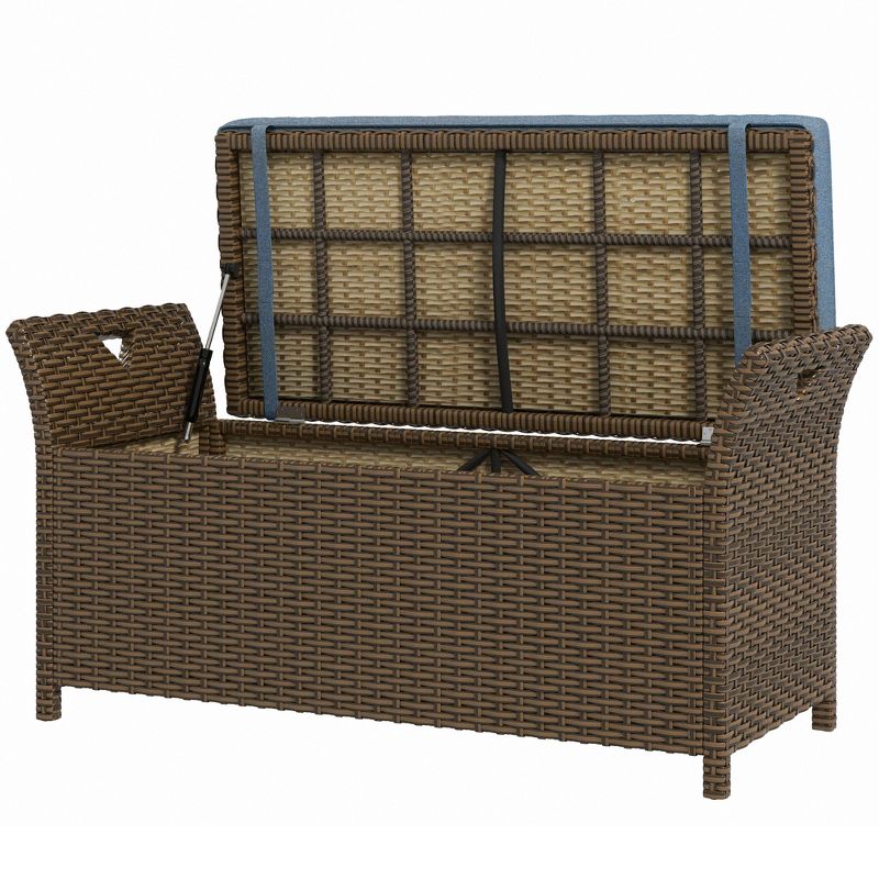 Outsunny Outdoor PE Rattan Two-In-One Storage Bench, Patio Wicker Large Capacity Footstool Rectangle Basket Box w/ Handles & Cushion, 5 of 8