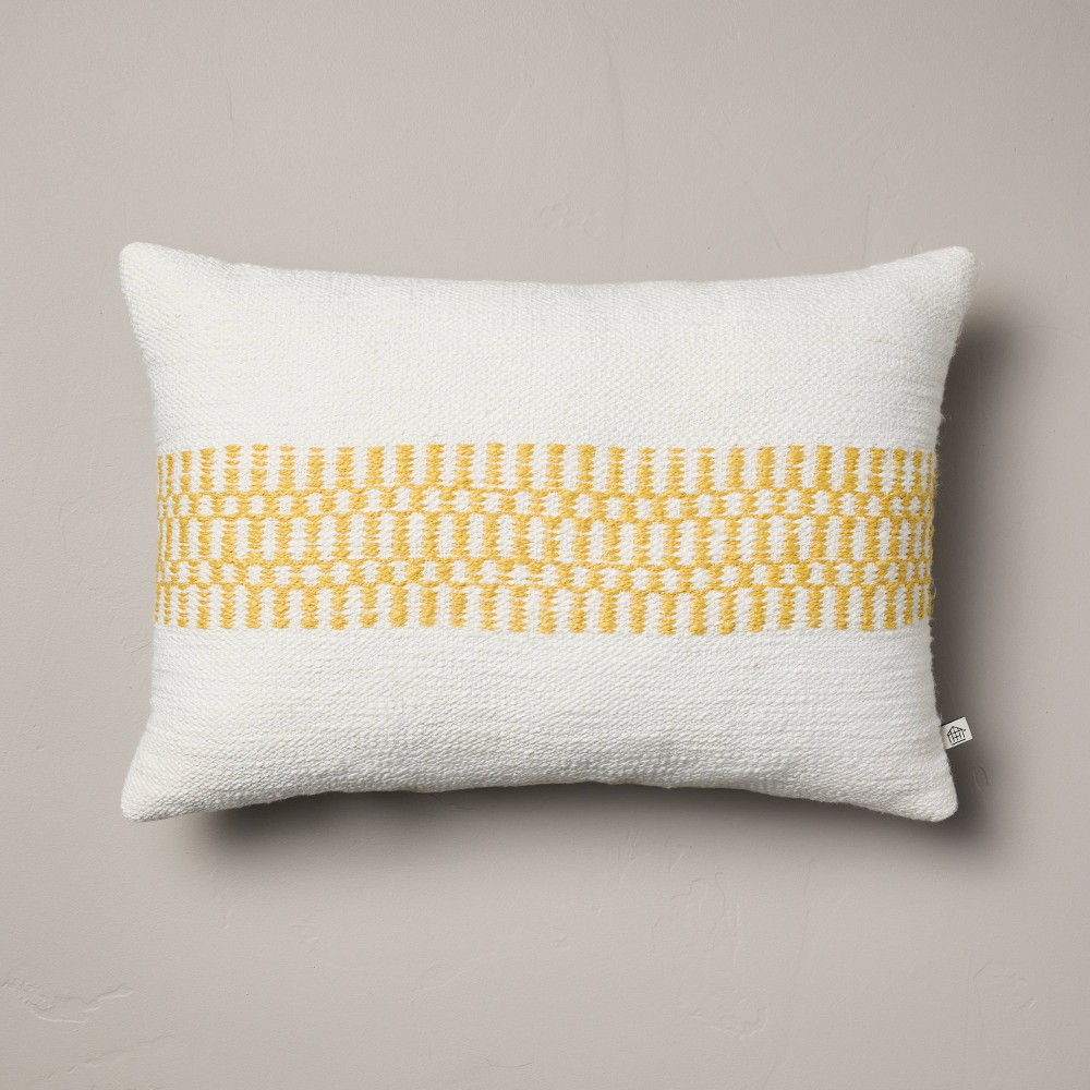 Photos - Pillow 14"x20" Checkered Stripe Indoor/Outdoor Lumbar Throw  Cream/Gold - H