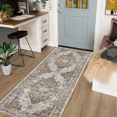 Vintage Floral Distressed Washable Rug - Soft, Stain-Resistant Low Pile Carpet with Non-Slip Backing for Bedroom, Living Room & Office