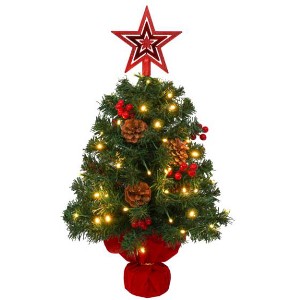 Mini Christmas Tree with Lights, Red Berries, Pine Cones and Tree Top Star, Indoor Home Desktop Christmas Decoration, Easy to Assemble - 1 of 1