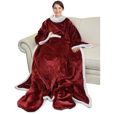 Catalonia Adult Fleece Wearable Blanket with Sleeves & Foot Pockets, Snuggle Wrap Sleeved Flannel Throw Blanket Robe, Warm Gifts Idea for Her Him