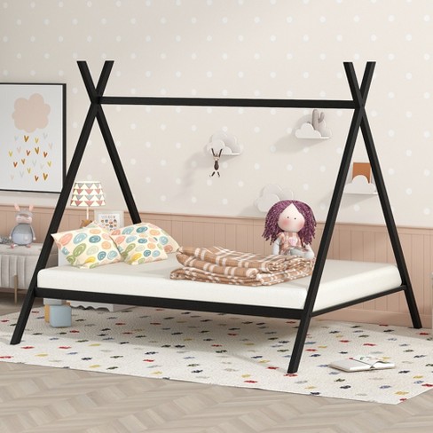 Full Size Metal Floor Play House Bed With Slat Tent Bed Frame Black modernluxe Target