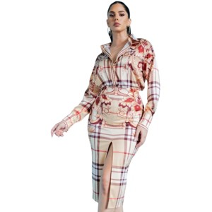 Slickblue Women's Satin Blouse and Midi Skirt Set with Scarf Print and Front Slit, Button Down, Taupe, Size S-L - 1 of 4