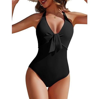 AI'MAGE Women's One Piece Swimsuits V Neck Tummy Control Bathing Suits Knot Front Push Up Swimwear Back Self Tie