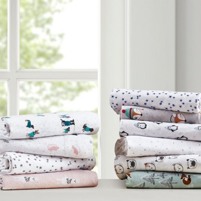 4 Pcs Ultra-Soft Novelty Printed Cotton Flannel Bedding Set, Premium Cozy Sheet Set for All Seasons, Queen / King Fitted Sheet, Flat Sheet