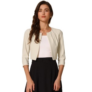 INSPIRE CHIC Women's 3/4 Sleeve Collarless Pleated Open Front Cropped Cardigan - 1 of 4