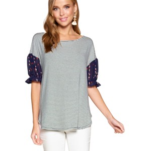 Slickblue Striped Curved Hem Casual Top, Mini Floral Chiffon Sleeves, Cute & Comfortable, Pink, S - 1 of 4