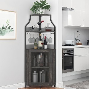 5-Tier Corner Bar Cabinet with Glass Holder & Barn Door, Farmhouse Liquor Storage with Adjustable Shelf for Kitchen, Dining Room, Home Bar, Burnt - 1 of 4