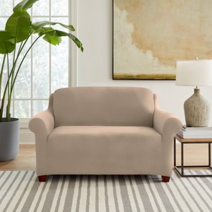 Sure Fit Hampstead Stretch Velvet Loveseat Slipcover Brown: Pet Friendly, Machine Washable, Indoor Use - 1 of 4
