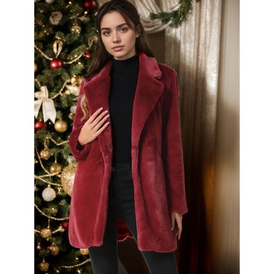 Allegra K Women's Lapel Collar Faux Fur Fuzzy Winter Long Overcoat with Pockets X-Small Red — фото 2