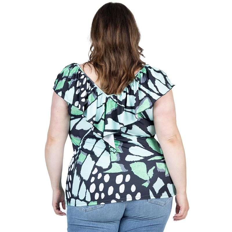 24seven Comfort Apparel Womens Cap Sleeve Green Butterfly Print Ruffle V Neck Plus Size Top, 3 of 7