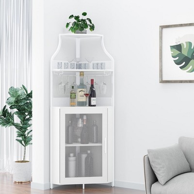 Whizmax Corner Wine Bar Cabinet with Detachable Wine Rack, Bar Cabinet with Glass Holder, Small Sideboard and Buffet Cabinet with Mesh Door