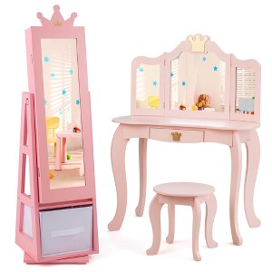 Tangkula Kids Vanity Set Princess Makeup Dressing Table & Chair Set w/ Jewelry Armoire Pink - 1 of 4