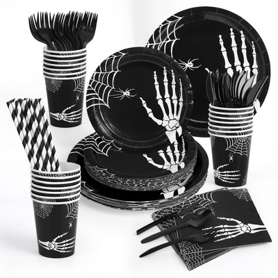 WhizMax 200Pcs Halloween Disposable Dinnerware Set, Skeleton Hand Bone Decorative Paper Plate