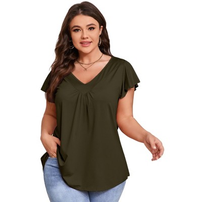 Plus Size Babydoll Summer Tops for Women V Neck Loose Casual Blouses Ruffle Short Sleeve T Shirts