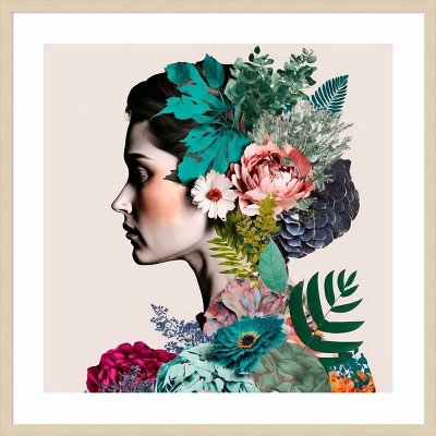 Floral Profile Abstract Expressionism Giclee Print in Natural Frame
