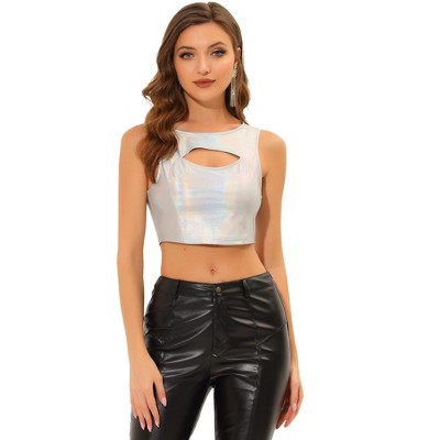 INSPIRE CHIC Women's Metallic Sleeveless Cut Out Party Holographic Crop Tank Tops