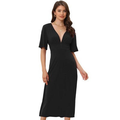 Allegra K Women's Deep V Neck Short Sleeve A Line Swing Flared Midi Dress