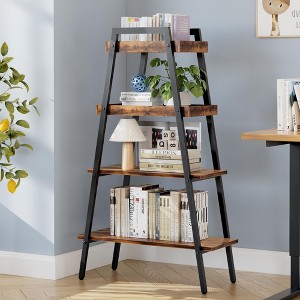 VECELO 4-Tier Metal Ladder Shelf, Multifunctional Ladder Bookshelf Plant Flower Stand Storage Rack Shelves Bookcase, Brown/Black/White - 1 of 4