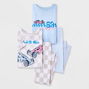 Toddler Girls' 4pc Hot Wheels Cotton Pajama Set - Blue/Tan 2T - 1 of 4