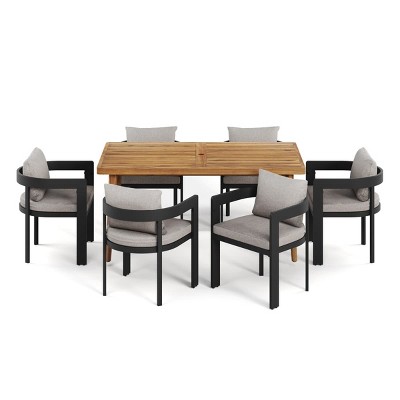 7-Piece Outdoor Patio Dining Set with Aluminum Chairs and Light Gray Cushions, Acacia Wood Table for Backyard or Garden Dining – Maison Boucle