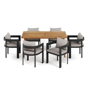 7-Piece Outdoor Patio Dining Set with Aluminum Chairs and Light Gray Cushions, Acacia Wood Table for Backyard or Garden Dining - Maison Boucle - 1 of 4