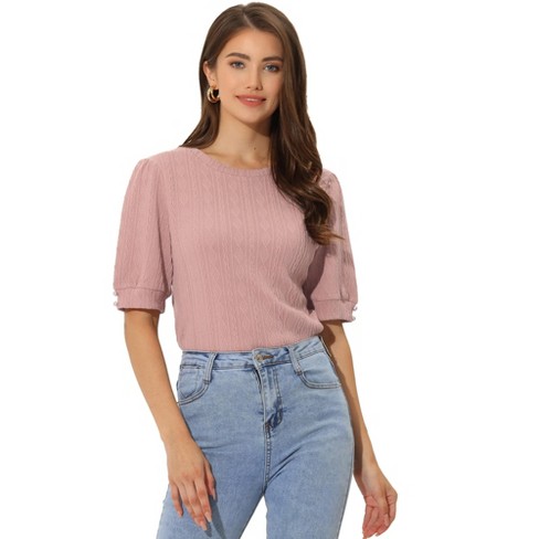 Allegra K Women's Round Neck Puff Short Sleeve Knit Sweater Blouses Pink  X-Small