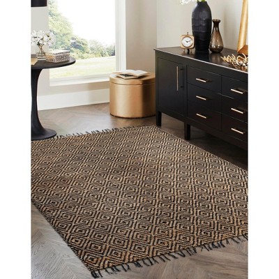 Handmade Braided Black Wool Rectangular Rug with Geometric Design