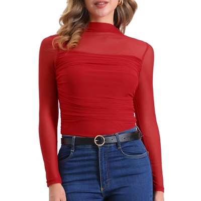 INSPIRE CHIC Women's Solid Mock Neck Mesh Sheer Long Sleeve Ruched Blouses