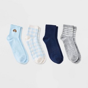 Women's Lettuce Edge Embroidered Croissant & Gingham Check 4pk Ribbed Ankle Socks - Blue/Heather Gray/Navy 4-10 - 1 of 3